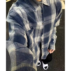复古做旧渐变设计格纹衬衫男长袖宽松情侣格子衬衣外套C68，男装衬衫，星座1116A（原606A-3）