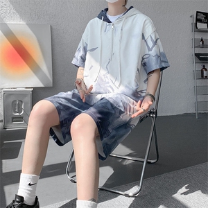 TZ770-特批50 控98 速干简约渐变色扎染冰丝T恤男装休闲短袖套装图片