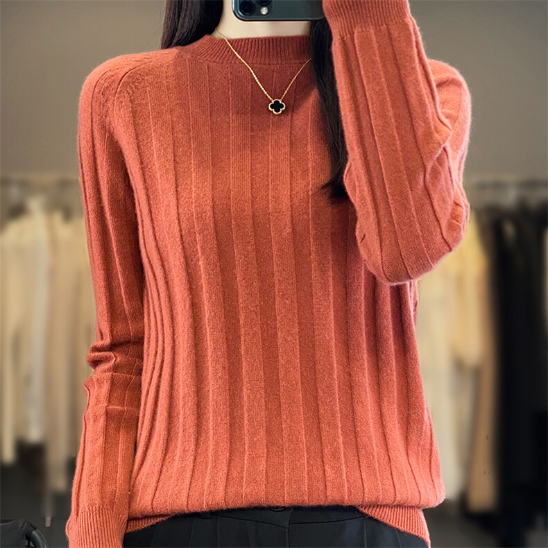 羊毛宽条圆领2024年秋季长袖套头纯色羊毛衫，女装羊毛衫，丹芙娇羊绒