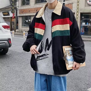 潮流男撞色拼接灯芯绒夹克春秋季宽松复古休闲工装外套HHT64 P59图片