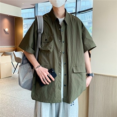 日系复古工装衬衫男短袖t恤夏季薄款半袖衬衣男tee百搭休闲上衣男，男装T恤，星座506A