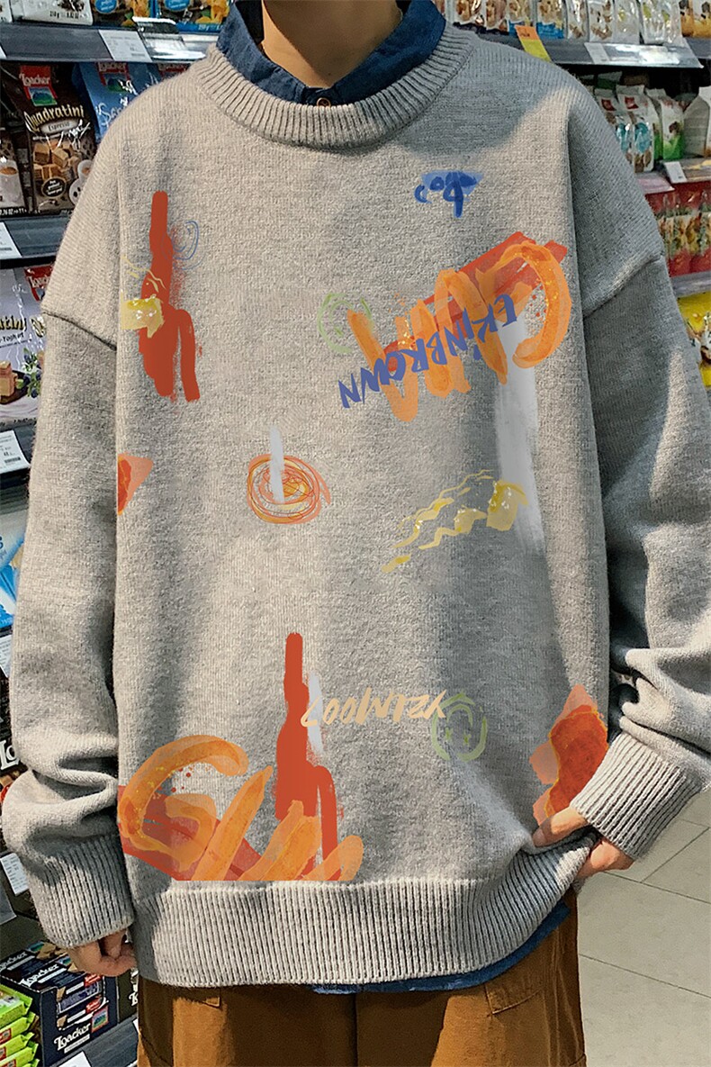 1港风日系宽松休闲情侣套头圆领印花加厚毛衣男7781P55加绒P70,男装针织衫/毛衣,星座226-2