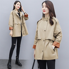 春秋新款插肩袖撞色拼接立领拉链宽松抽绳风衣外套女，女装风衣，微微衣阁