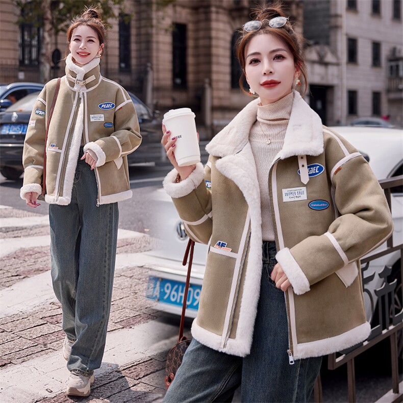 现货冬新款拼接复合皮毛一体时尚保暖服短款外套百搭休闲韩系加绒图片