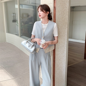 蕾丝花边马甲阔腿裤套装女2025夏季新款韩系高级感气质超火三件套图片