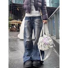 美式高街潮牌复古水洗猫须牛仔裤男宽松阔腿微喇百搭长裤子，男装牛仔裤，星座506A