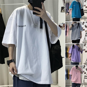 T06常年款男士休闲字母印花T恤衫外套圆领半袖五分袖TEE男女中性图片