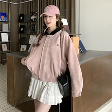 甜美风粉色拼色翻领休闲夹克上衣女2025小众设计感美式棒球服外套，女装短外套，2C201