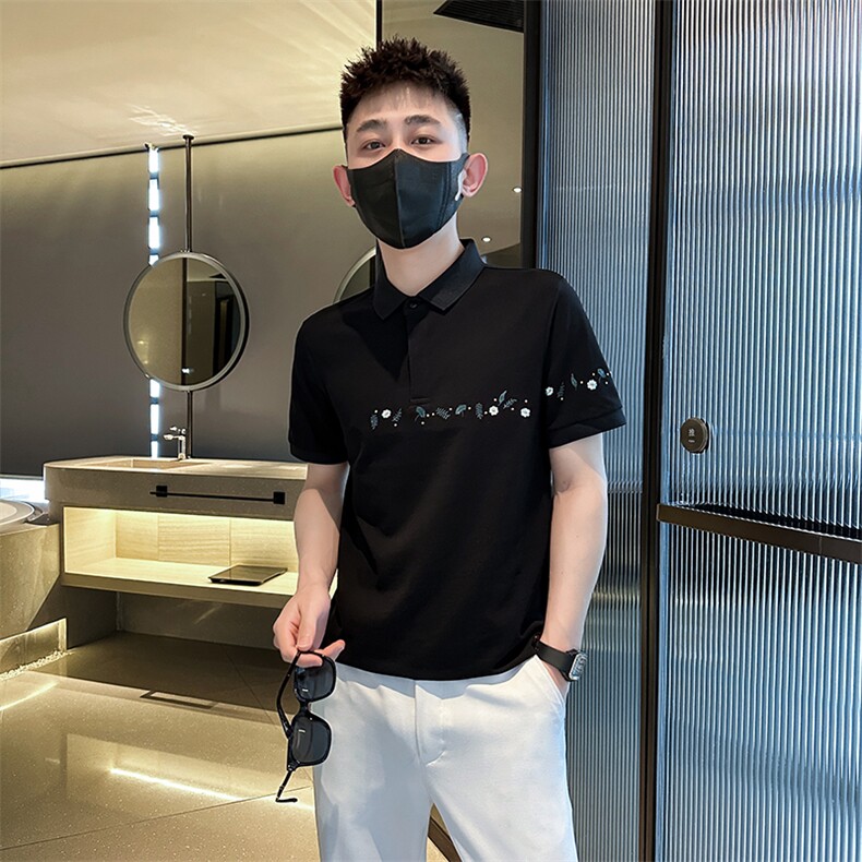 抖音2025夏季短袖T恤翻领小花刺绣翻领Polo衫T0264-P48,男装T恤,电商D342