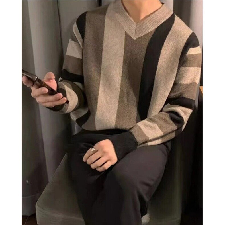 慵懒风竖纹V领轻奢风针织衫男宽松休闲撞色套头长袖毛衣MB183,男装针织衫/毛衣,星座1116A（原606A-3）