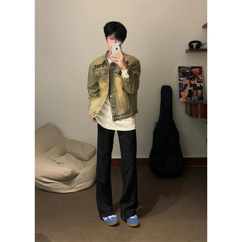 春秋新款高街黄泥染复古做旧牛仔外套男梵文设计工装夹克JH49,男装夹克,星座1116A（原606A-3）