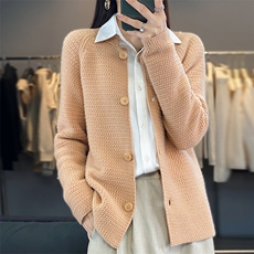 2024春秋新款立领开衫女宽松系扣百搭外套针织毛衣，女装羊毛衫，邦太羊绒