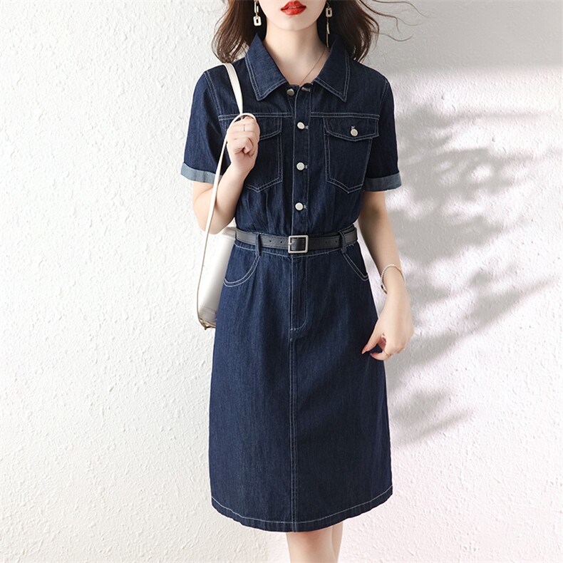 薄款牛仔衬衫连衣裙女2025年夏季新款气质收腰小个子短袖翻领裙子,女装连衣裙,美沁