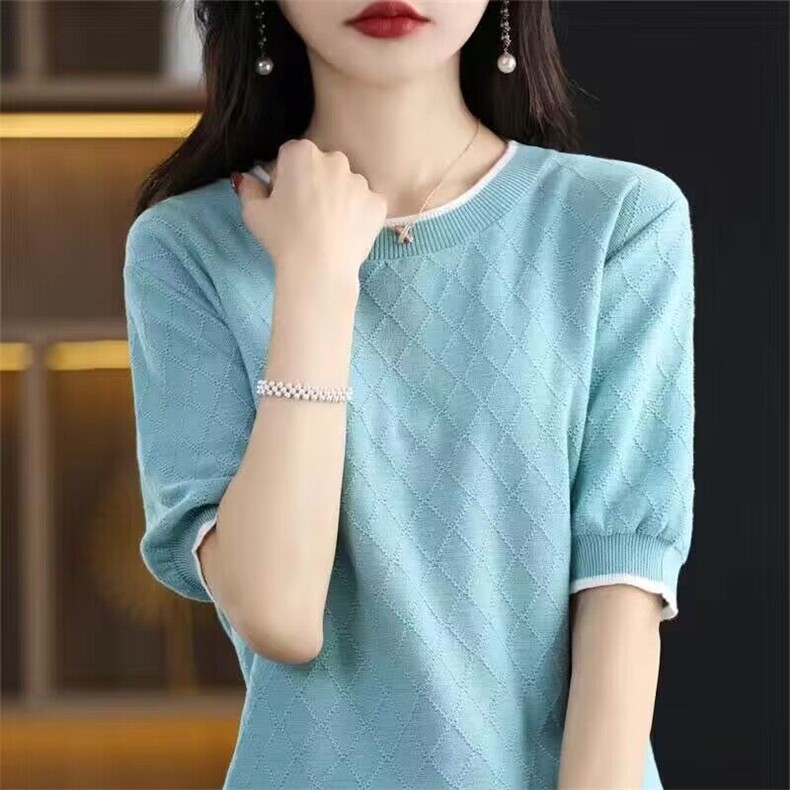 时尚女装短袖针织衫纯棉菱形拼色领修身显瘦百搭上衣,针织衫/毛衣,桦兴羊绒