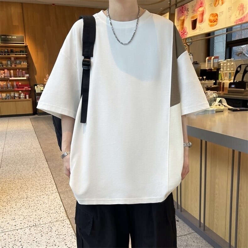 85165-P55撞色拼接短袖打底衫痞帅圆领短袖t恤男青少年重磅潮牌图片