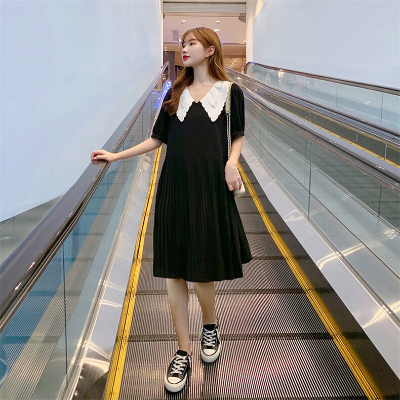 雪纺连衣裙2021新款夏季中长款百褶裙黑色韩版减龄连衣裙女,女装连衣裙,梦懿尔