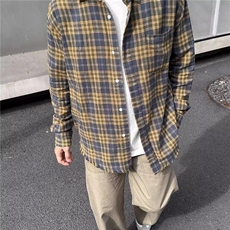 格子长袖衬衫男秋冬厚款双口袋工装磨毛衬衣宽松大码复古休闲外套，男装衬衫，星座506A