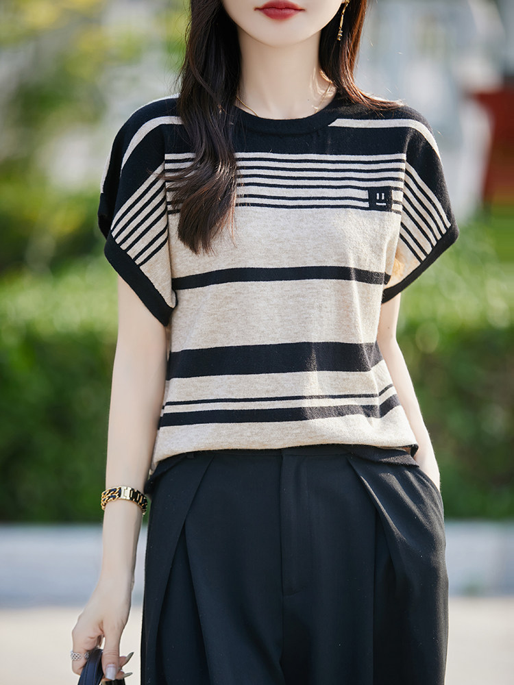条纹冰丝短袖T恤女夏季2025新款宽松薄款大码女装上衣服爆款女装,女装T恤,斯美雅电商供货