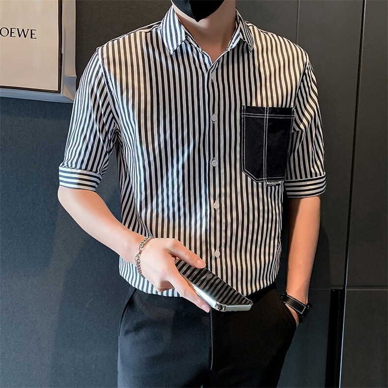 2025新款夏季衬衫男短袖潮牌帅气条纹中袖衬衣A313-1-W402-P58,男装T恤,电商A313-1