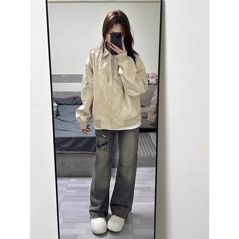 219-P70慵懒ins日系潮流百搭时尚杏色高质量皮衣夹克，男装皮衣，电商B323A