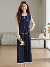 流行减龄波点印花马甲背心系腰带显瘦宽松阔腿裤套装女装春夏新款，女装套装/套裙，江南富贵女