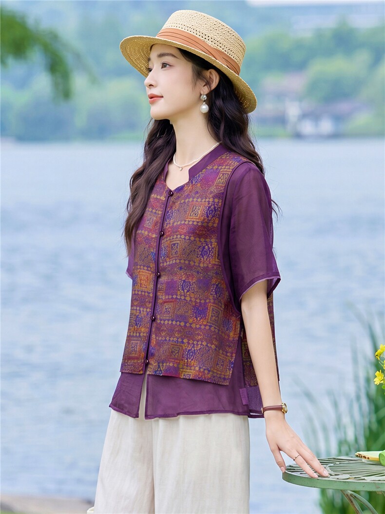现货2026年夏季新款中老年式假两件复古短袖小衬衫马甲上衣T恤女,女装衬衫,璐依舞