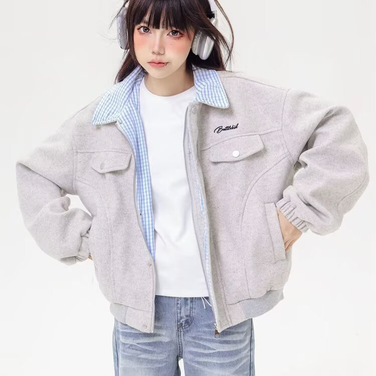 美式复古棒球服外套女春秋季新款设计感毛呢翻领宽松上衣夹克简约,男装夹克,星座1210-1