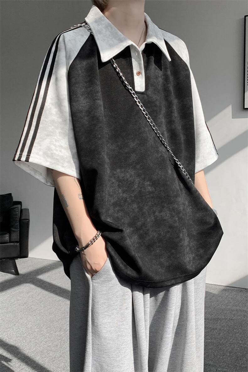 现货DX10117-特批40控78翻领撞色拼接美式插肩袖织带设计POLO衫,男装T恤,电商A059
