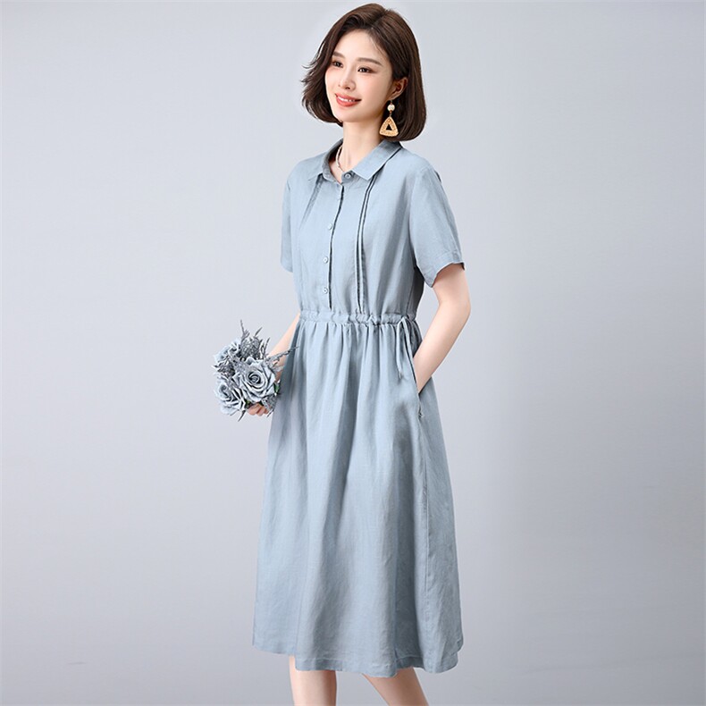 天丝亚麻抽绳收腰显瘦连衣裙女夏宽松大码洋气减龄中年妈妈40岁50,女装连衣裙,曼沙奕珂