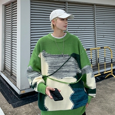 B222-P42日系复古不规则圆领针织衫秋冬高街潮牌拼接套头毛衣男，男装针织衫/毛衣，星座512-6