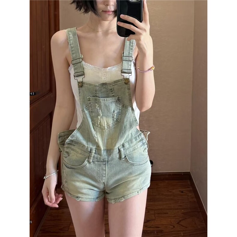 美式复古y2k辣妹水洗牛仔背带短裤女夏季新款设计感破洞连体裤子,男装牛仔裤,星座1210-1