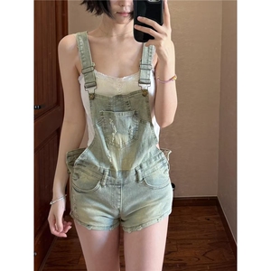 美式复古y2k辣妹水洗牛仔背带短裤女夏季新款设计感破洞连体裤子图片