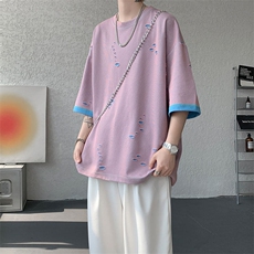 T10137-特批33控68开口笑高品质夏季大码短袖破洞潮流百搭T恤，男装T恤，电商A059