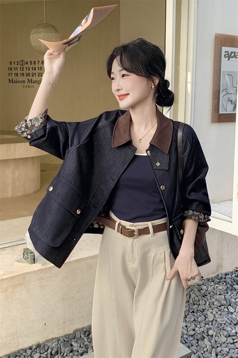 深蓝色复古撞色翻领牛仔短外套女2025秋季小个子气质休闲夹克上衣,女装短外套,2C092