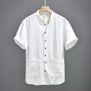 简麻品质男装夏纯色苎麻休闲薄款棉麻立领短袖衬衫短袖LS2001 P38图片