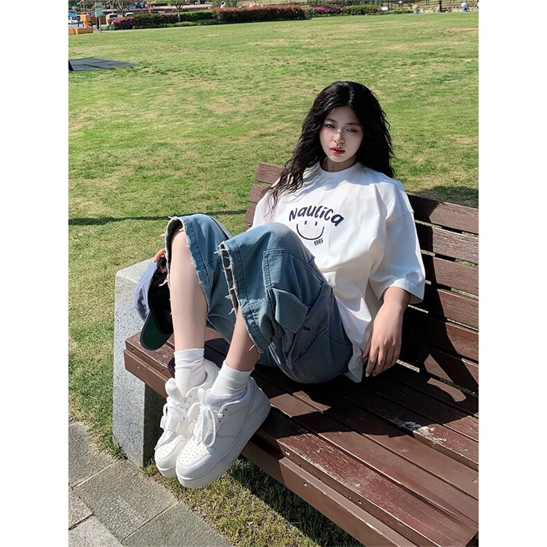 抖音得物 210克现货宽松纯棉美式潮牌印花落肩袖纯棉T恤AT211112图片
