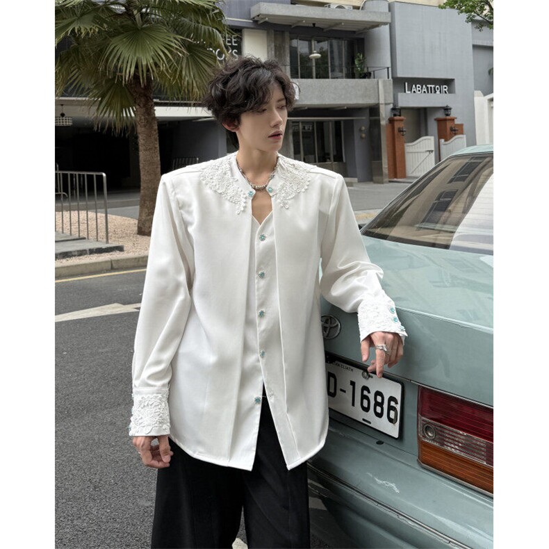 现货！25轻奢华男士蕾丝宝石纽扣假两件礼服垫肩衬衫CS167-P128,男装衬衫,电商B288