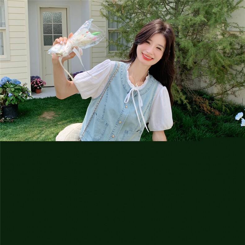 韩系休闲浅蓝色牛仔套装裙2025夏季新款简约马甲T恤半身裙三件套，女装套装/套裙，吉娜