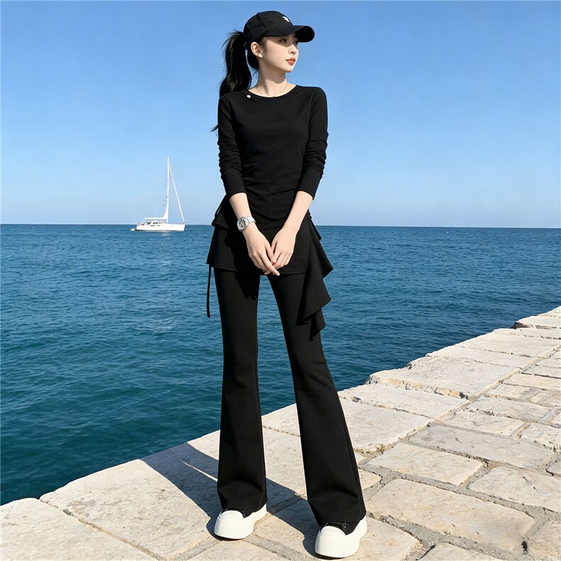 设计感时尚套装女春季新款收腰显瘦圆领长袖假两件修身长裤两件套,女装套装/套裙,江南