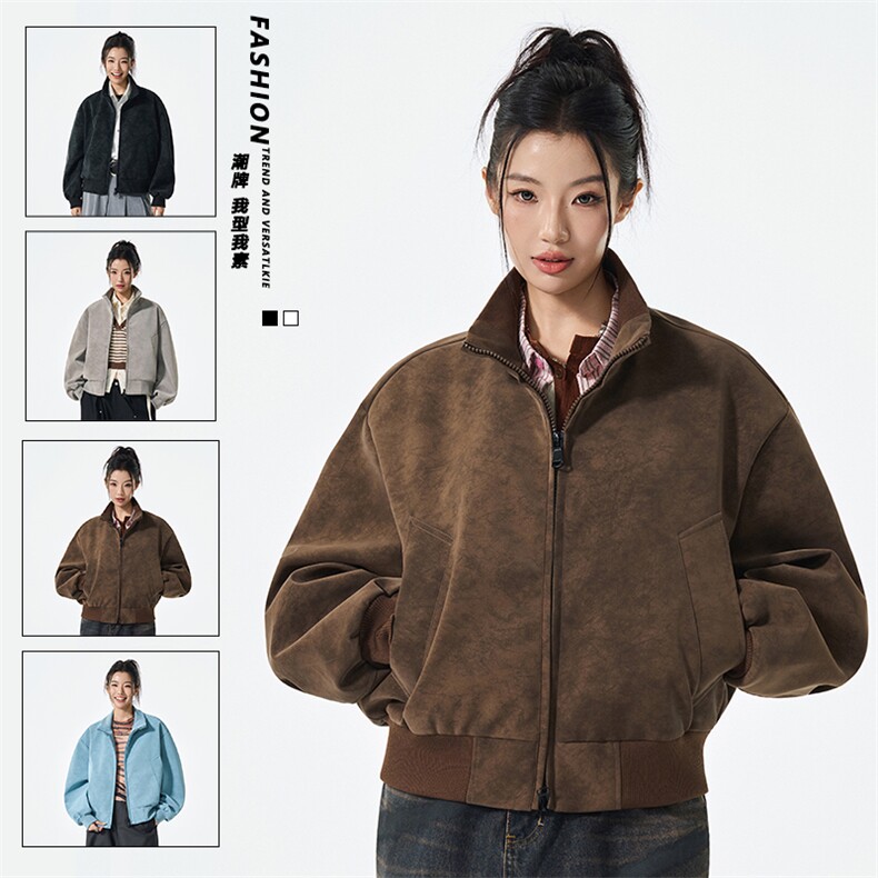 美式复古短款夹克男女秋高街潮牌情侣外套宽松百搭上衣JS5601-P85图片