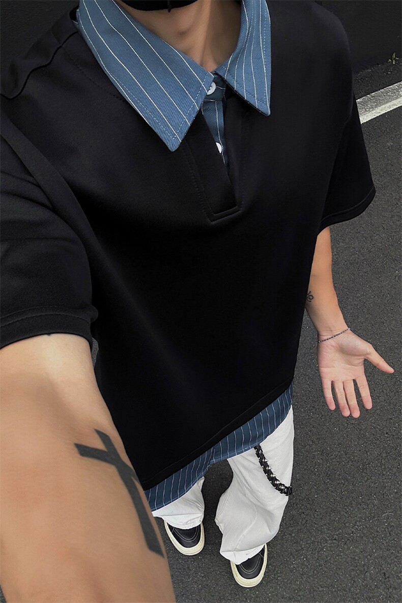 GENIOLAMODE夏季短袖polo衫男士T恤2025新款拼接假两件美式复古潮,男装T恤,电商A001
