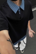 GENIOLAMODE夏季短袖polo衫男士T恤2025新款拼接假两件美式复古潮，男装T恤，电商A001