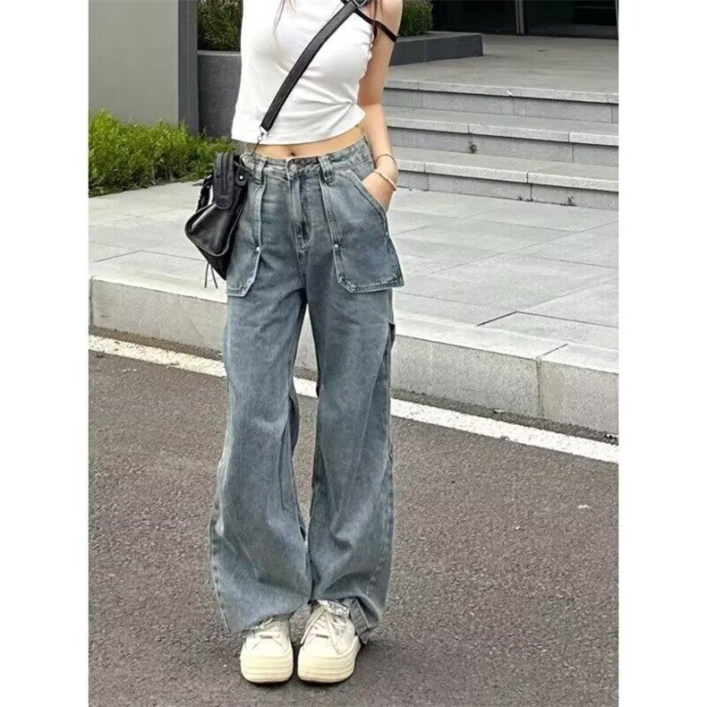 美式复古水洗工装牛仔裤女高街新款高腰宽松显瘦百搭直筒阔腿长裤,女装牛仔裤,星座506A