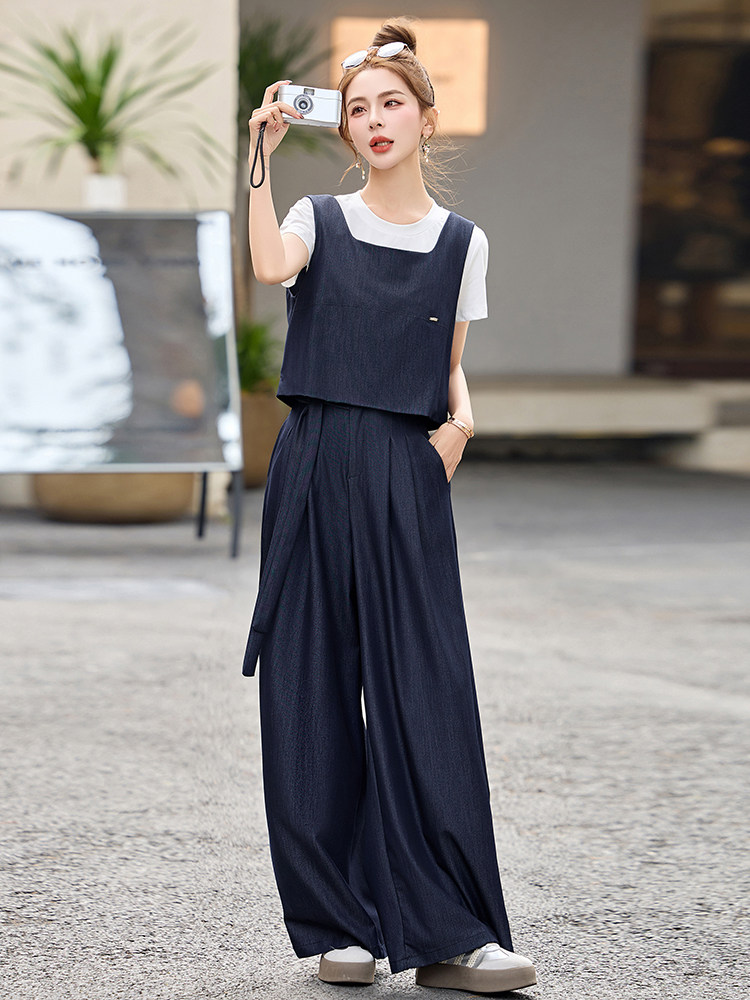 天丝牛仔套装女2025夏新款超火休闲减龄韩系马甲阔腿裤穿搭一整套,女装套装/套裙,魅影
