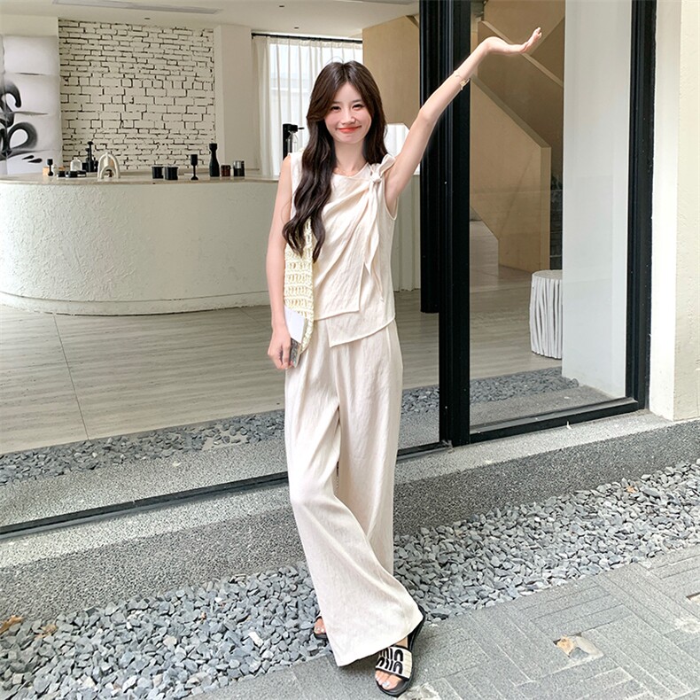 韩系蝴蝶结绑带背心女夏季新款高级感无袖上衣高腰阔腿长裤两件套,女装套装/套裙,1D066-1
