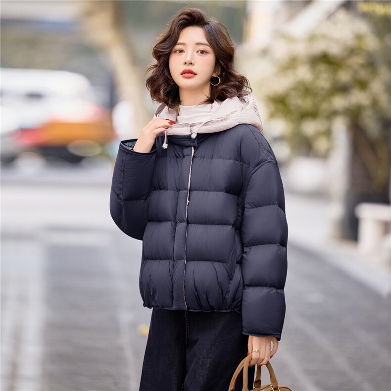 90白鸭绒羽绒服女2025年冬季新款时尚撞色连帽宽松羽绒服外套,女装羽绒服,沁沁公主