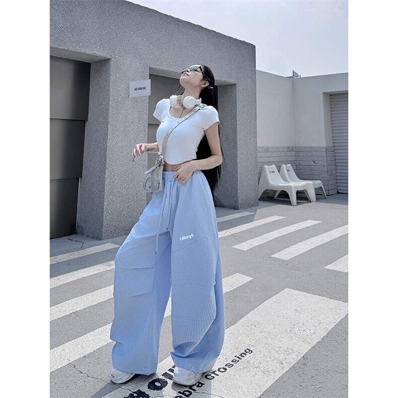 蓝色条纹休闲裤男女夏季美式轻薄透气阔腿裤子高街hiphop运动长裤,女装休闲裤,星座601-1