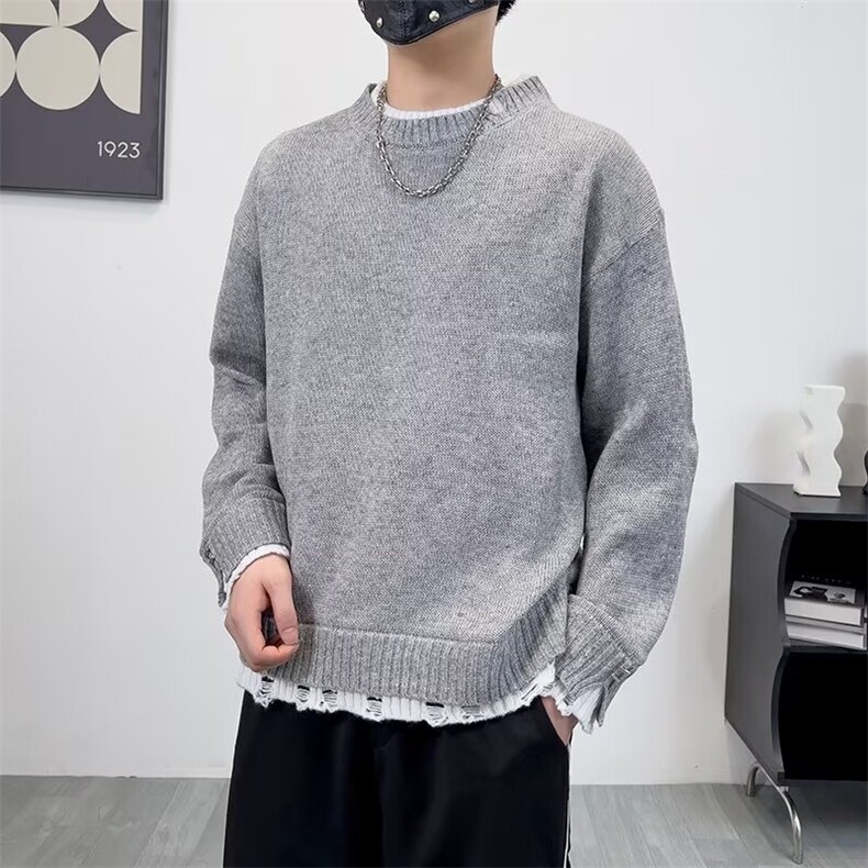秋冬假两件破洞毛衣男圆领拼接学生青少年运动套头针织衫M883,男装针织衫/毛衣,星座1116A-1（原606A）