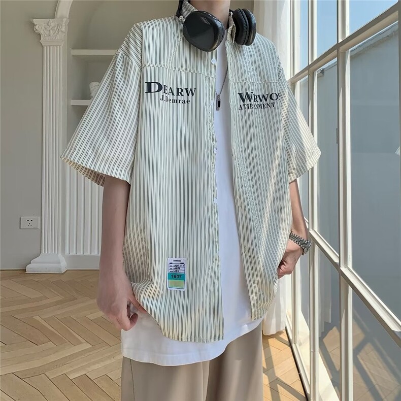 条纹短袖衬衫男夏季潮牌高级感痞帅衬衣外套宽松大码五分袖上衣服,男装衬衫,星座1013