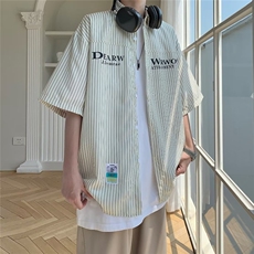 条纹短袖衬衫男夏季潮牌高级感痞帅衬衣外套宽松大码五分袖上衣服，男装衬衫，星座1013